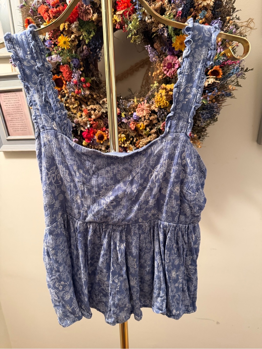 Blue Floral Ruffle Strap Tank Top Open Back adjustable button straps very cute